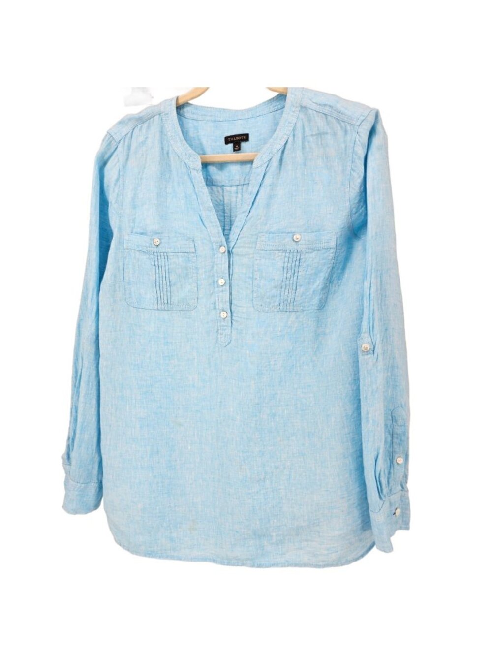 TALBOTS Womens Light Blue Cross Dyed 100% Linen Long Sleeve Camp Shirt Medium